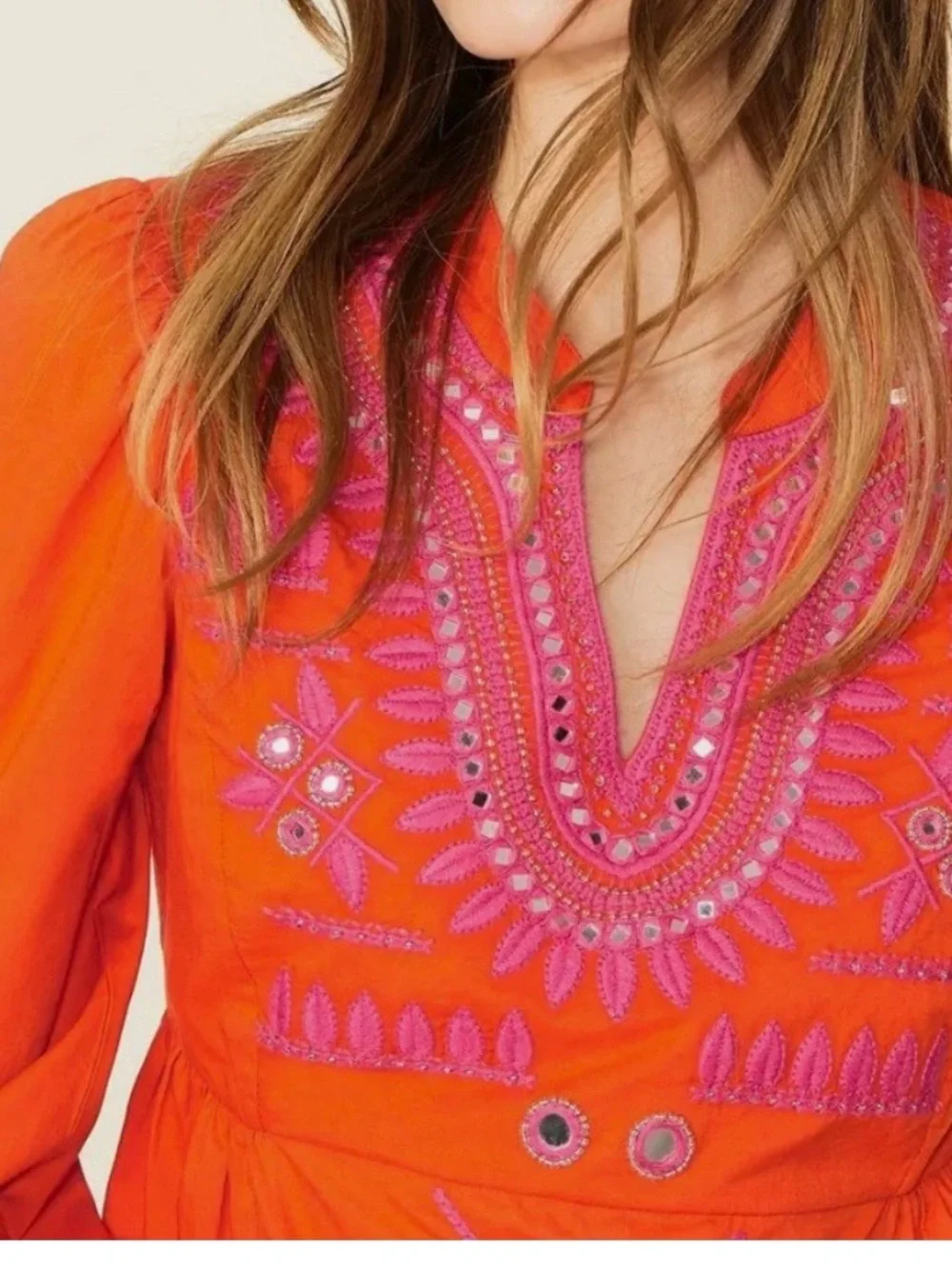 TORY BURCH Resort Pink Embroidered Orange Mirror Accents L. SLV Tunic 8  